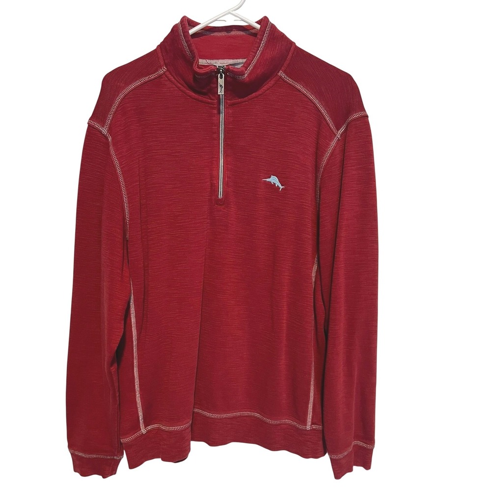 Tommy Bahama Men's L Tobago Bay 1/4 Zip Pullover Sweater Red Marlin Logo Coastal